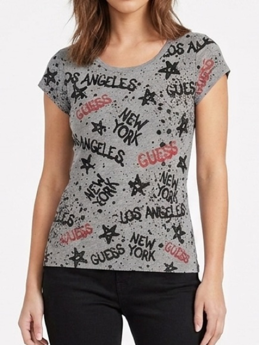 🐚🪼 2/15$ TOPS 🪼🐚 Guess Grey Los Angeles New York Graffiti Print Graphic Shirt